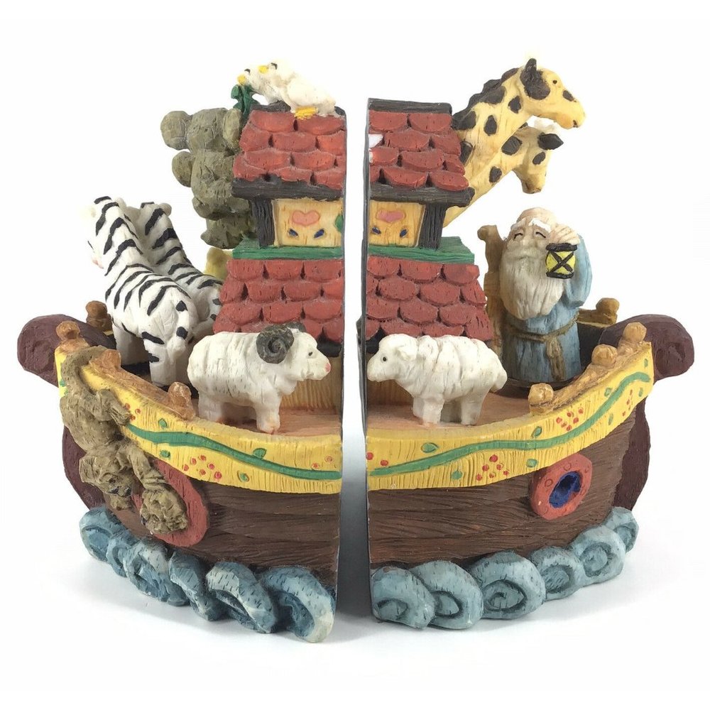 Vintage Noah's Ark Musicbox Bookends Heavy Resin Nursery Animals